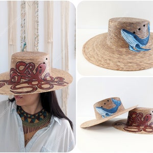 Hand painted sea life summer hat / straw hat with painted decoration