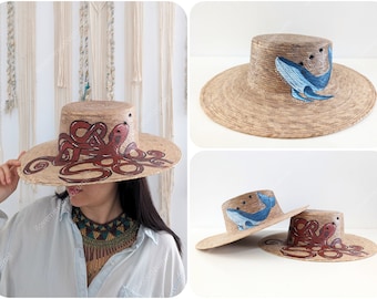 Hand painted sea life summer hat / straw hat with painted decoration