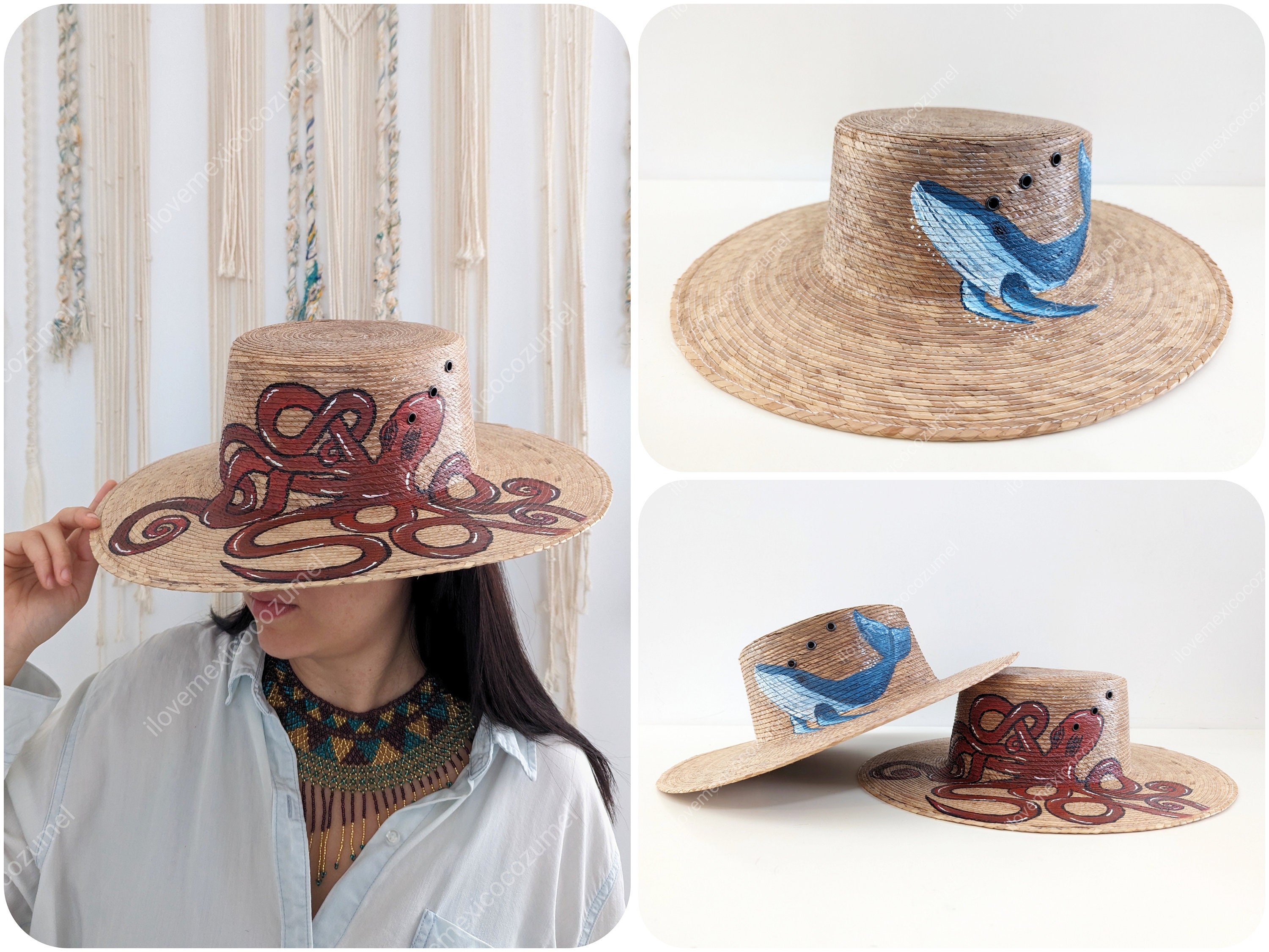 Hand-painted Sea Life Straw Hat: Summer Sun Hat - Etsy display picture 3