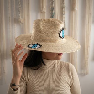 Evil Eye Embroidered Hat | Handmade Mexican Beach Hat | Natural Palm Straw image 5
