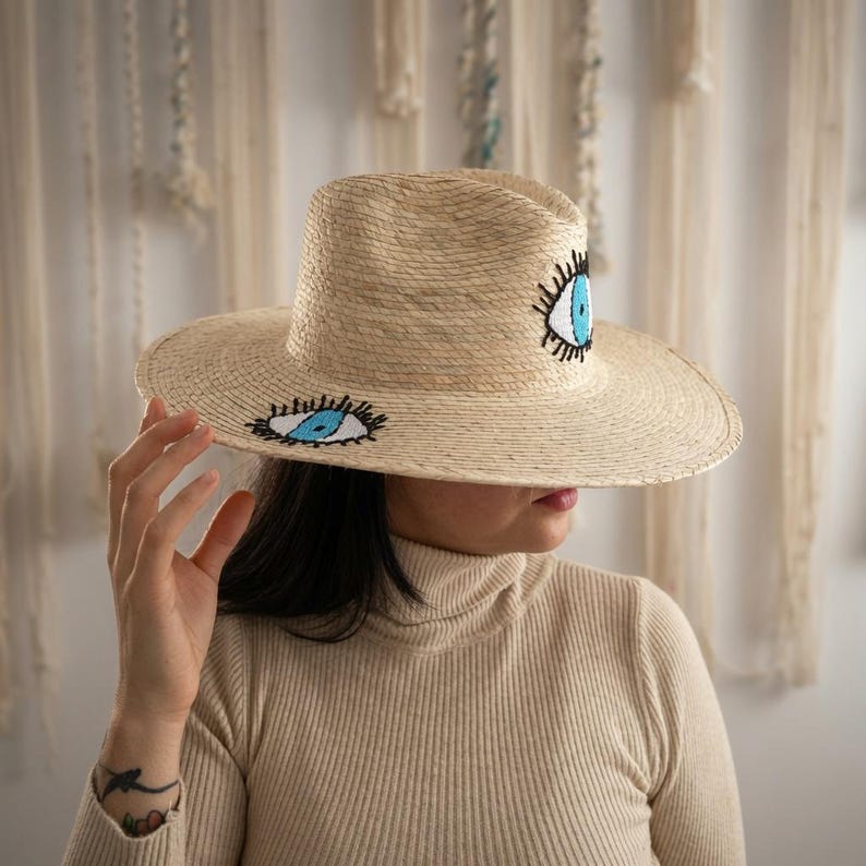 Evil Eye Embroidered Hat | Handmade Mexican Beach Hat | Natural Palm Straw image 5