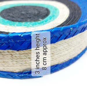 May include: A woven straw target with blue and black rings. The target is 3 inches high and 8 cm in diameter.