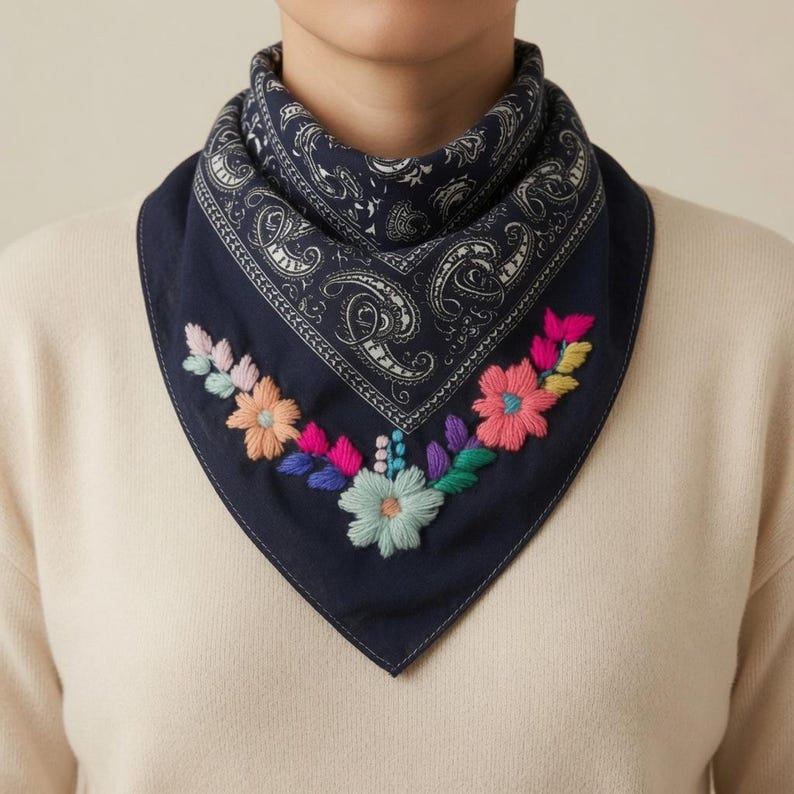 May include: A dark navy blue bandana featuring a white paisley pattern and a decorative floral embroidery design. The embroidery includes flowers and leaves in shades of pink, orange, yellow, purple, teal, and light green, arranged in a cluster.