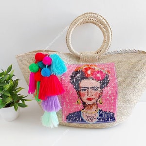 Frida Sequin Patch Straw Tote Bag: Mexican Summer Bag