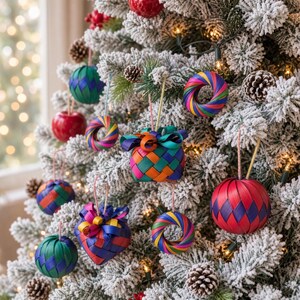 May include: A collection of woven Christmas ornaments hanging on a flocked tree, including multi-colored spheres, rings, and heart-shaped decorations featuring vibrant patterns of red, blue, green, yellow, and purple strips of material.