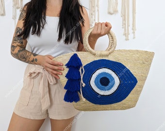 Boho straw bag with evil eye crochet patch / handmade market straw bag / mexican tote bag / summer bag / farmer's market bag /
