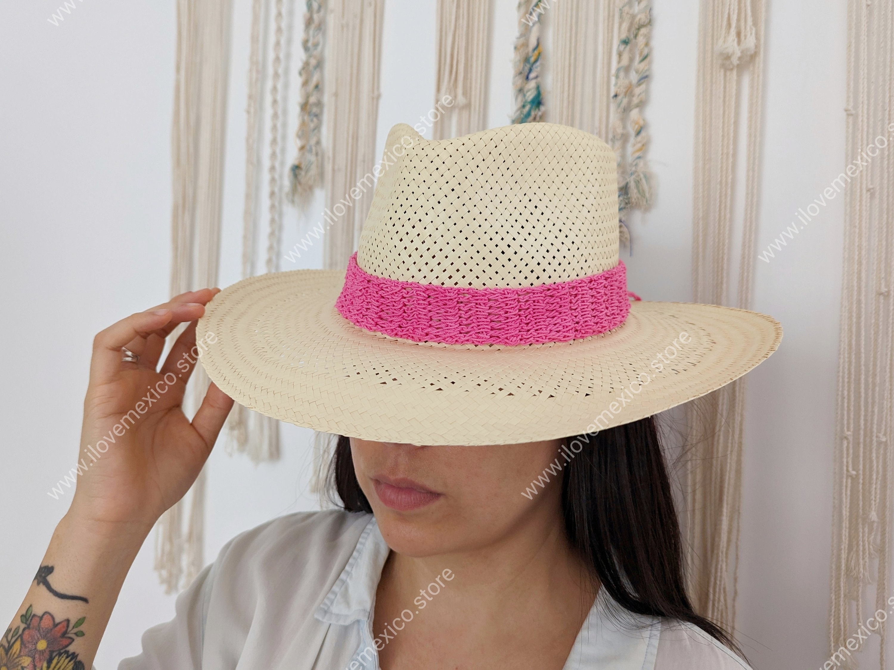 Guanabana Handmade Panama Pyramid Hat Sun Pink Tan Straw Fedora Beach Resort Unisex Panama Straw Hat Summer Foldable Beach Fedora UV Sun  main image 3