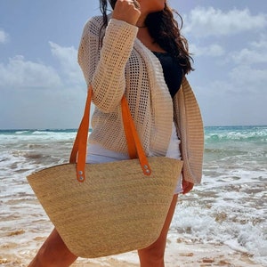 Large beach straw bag with leather strap / market straw bag / mexican tote bag/ summer bag / farmer's market bag / image 5