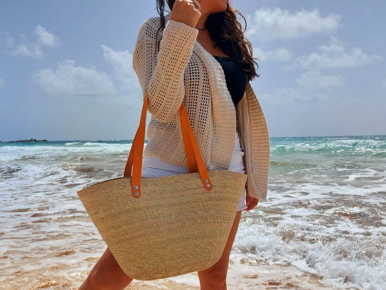 Large beach straw bag with leather strap / market straw bag / mexican tote bag/ summer bag / farmer's market bag / image 5