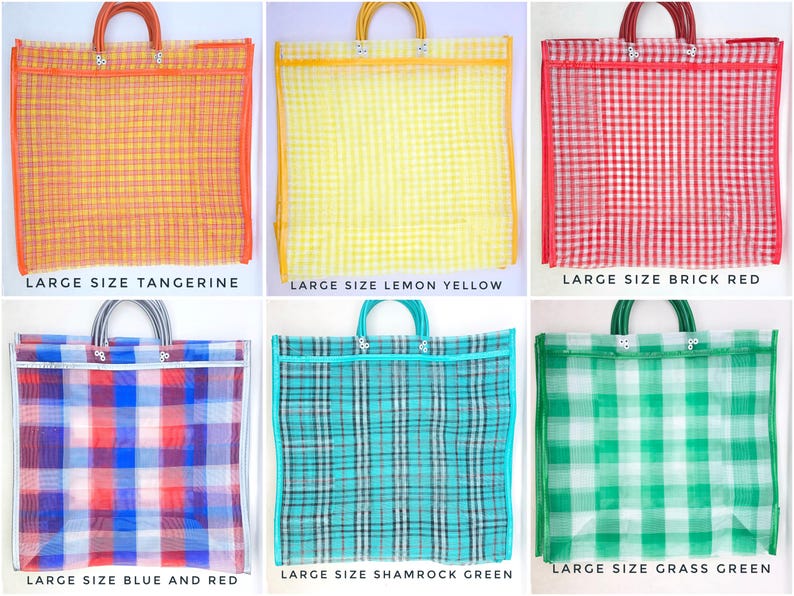May include: A collection of six large rectangular tote bags made of a semi-transparent mesh material. Each bag features a distinct plaid or gingham pattern in colors including tangerine, lemon yellow, brick red, blue and red, shamrock green, and grass green. Each bag has two matching handles attached with metal rivets.