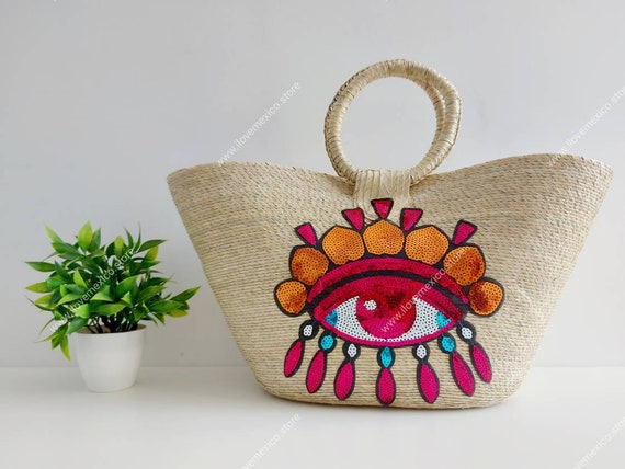 Straw Bag With Evil Eye Sequin Patch / Handmade Market Straw 