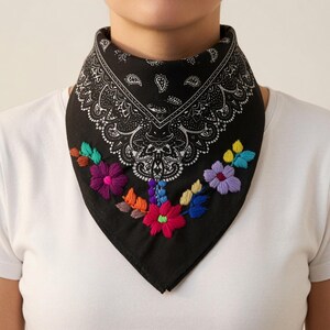 Embroidered Floral Bandana | Handmade Mexican Paliacate Scarf image 4