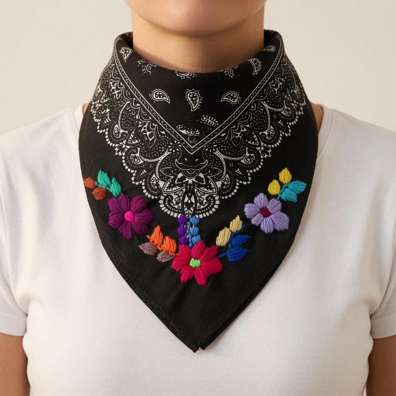Embroidered Floral Bandana | Handmade Mexican Paliacate Scarf image 4