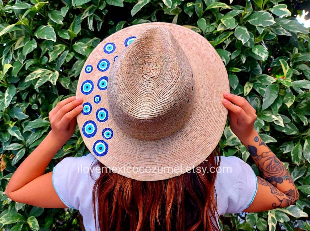 Hand-painted Straw Hat With Evil Eye Decor - Etsy display picture 3