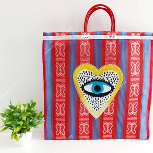 Plastic beach tote with sequin patch  / reusable plastic grocery bag with eye patch / mexican tote bag / mexican mesh bag /