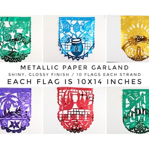 May include: Metallic paper garland with 10 flags per strand. Each flag is 10x14 inches. The flags feature different designs with a shiny, glossy finish. The colors include green, blue, gold, purple, red, and teal.