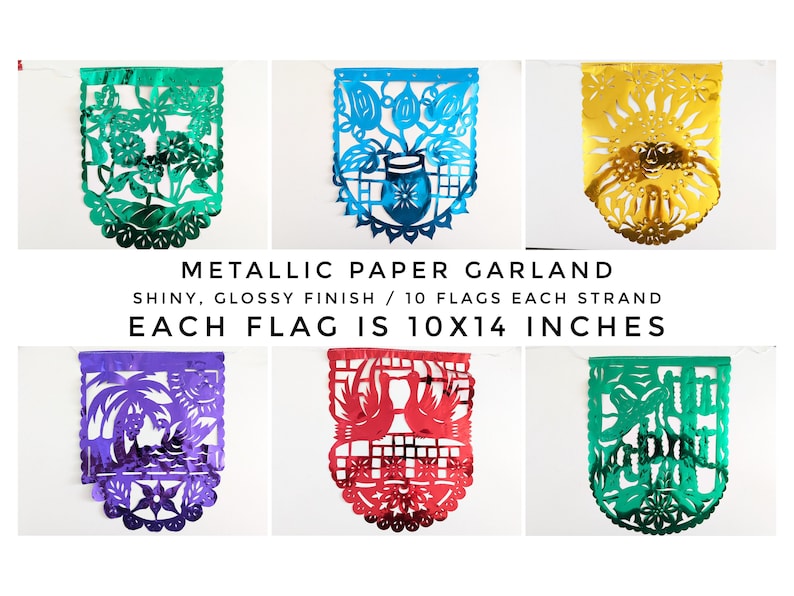 May include: Metallic paper garland with 10 flags per strand. Each flag is 10x14 inches. The flags feature different designs with a shiny, glossy finish. The colors include green, blue, gold, purple, red, and teal.