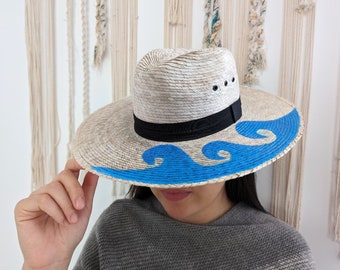 Hand-Painted Straw Hat: Blue Wave Design