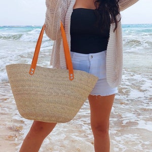 Large beach straw bag with leather strap / market straw bag / mexican tote bag/ summer bag / farmer's market bag / image 3