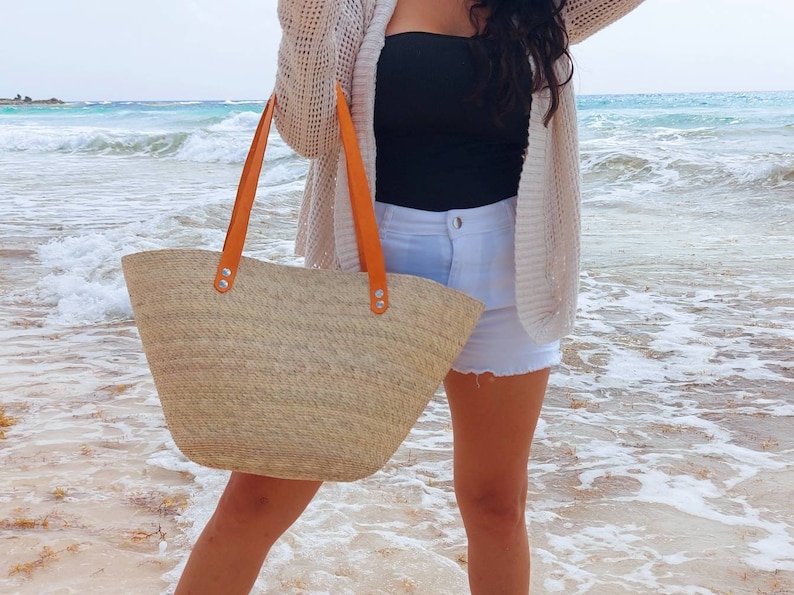 Large beach straw bag with leather strap / market straw bag / mexican tote bag/ summer bag / farmer's market bag / image 3