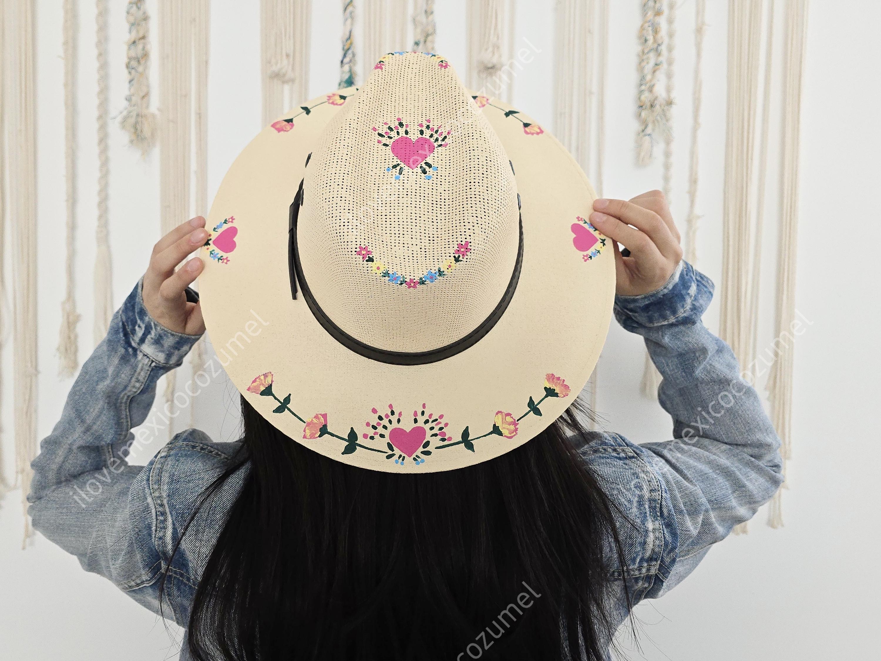 Stylish Mexican Vintage OG Tan Beige Pink White Floral Straw Hat Hand-painted Floral Sombrero: Mexican Summer Hat - Etsy main image 4