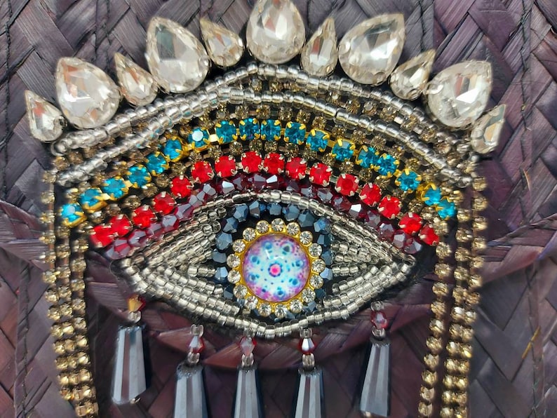 Bolso de mano mexicano de paja con parche para el ojo / Bolso boho hecho a mano imagen 6