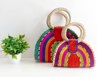 Handmade Colorful Mexican Straw Bag: Market Tote Beach Bag