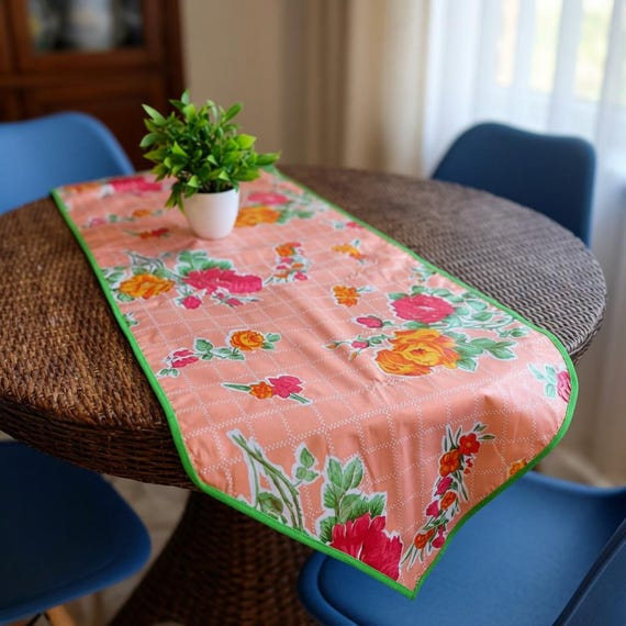 Handmade Mexican Oilcloth Table Runner Floral Kitchen Decor