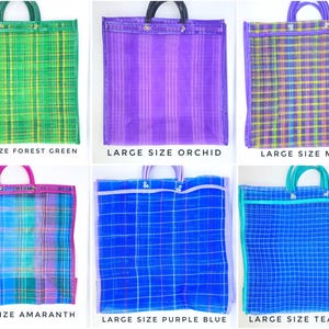 May include: Six large rectangular tote bags with woven plastic textures and double handles. Colors include forest green, orchid, mauve, amaranth, purple-blue, and teal blue. Each bag features a grid or striped pattern and includes the text LARGE SIZE.