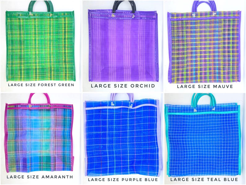 May include: Six large rectangular tote bags with woven plastic textures and double handles. Colors include forest green, orchid, mauve, amaranth, purple-blue, and teal blue. Each bag features a grid or striped pattern and includes the text LARGE SIZE.
