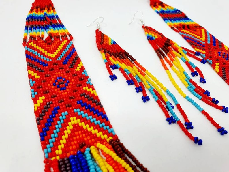 Mexican Huichol glass bead necklace / Beaded boho necklace / Etsy