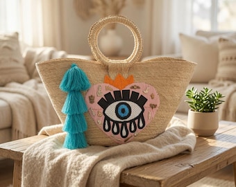 Handmade Embroidered Heart Natural Palm Straw Beach Tote Bag  Boho Summer Tote