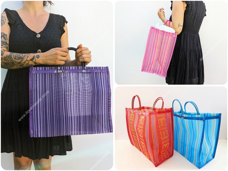 May include: A rectangular tote bag made of woven plastic mesh featuring vertical stripes in purple, pink, red, and blue. The bag has two sturdy handles and a reinforced top edge with metal rivets. The design includes repeating butterfly patterns.