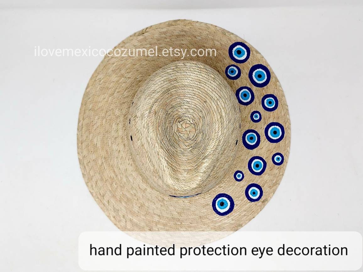 Hand-painted Straw Hat With Evil Eye Decor - Etsy display picture 1