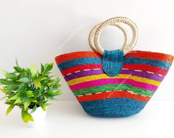 Bolsa de paja Boho multicolor / bolsa de paja de mercado hecha a mano / bolsa de mano mexicana / bolsa de verano / bolsa de mercado de agricultores /