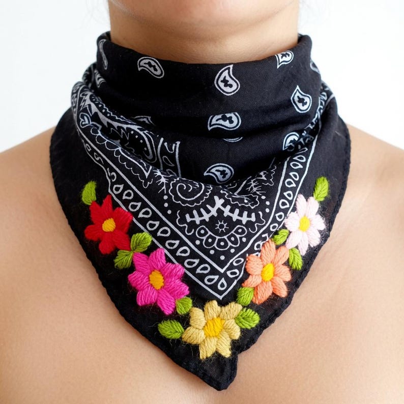 Embroidered Floral Bandana | Handmade Mexican Paliacate Scarf image 16