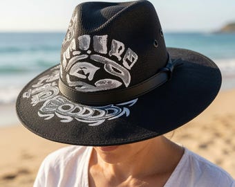 Hand-Painted Black Sun Hat | Mexican Wide Brim Fedora with Tribal Design