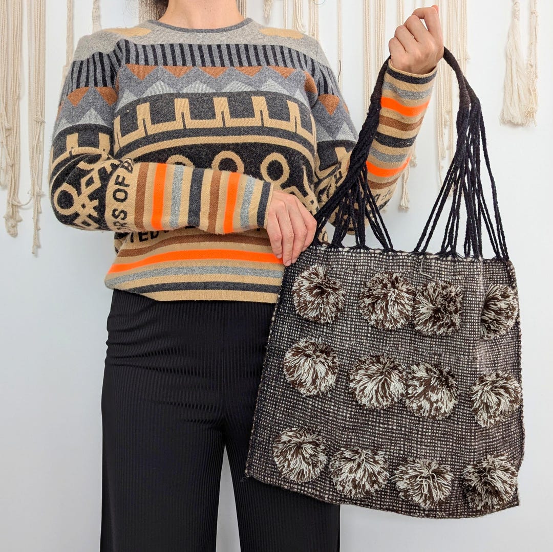 Mexican Wool Tote With Large Pompoms / Wool Hammock Bag - Etsy
