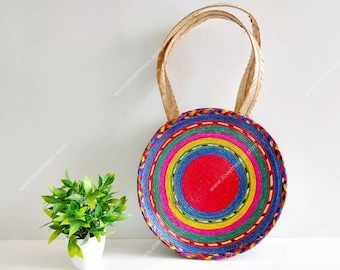 Large Round Straw Beach Bag: Hand-Painted Palm Leaf Market Tote