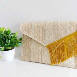 Mexicaanse stroclutch met franjes | Handgemaakte geweven bohotas | Portemonnee met palmbladeren afbeelding 6