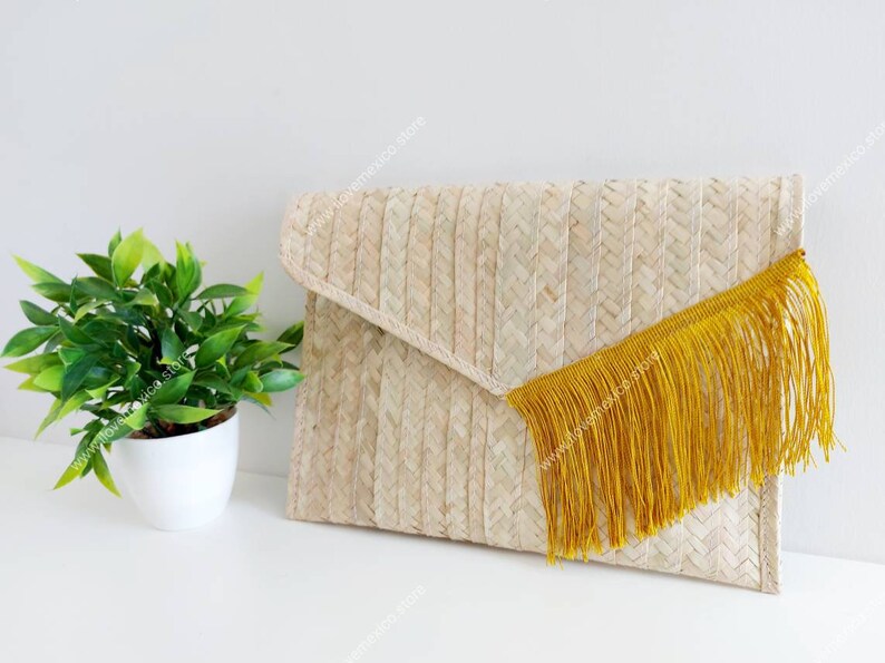 Mexicaanse stroclutch met franjes | Handgemaakte geweven bohotas | Portemonnee met palmbladeren afbeelding 6