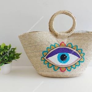 Hand painted evil eye straw bag / beach tote with eye decoration