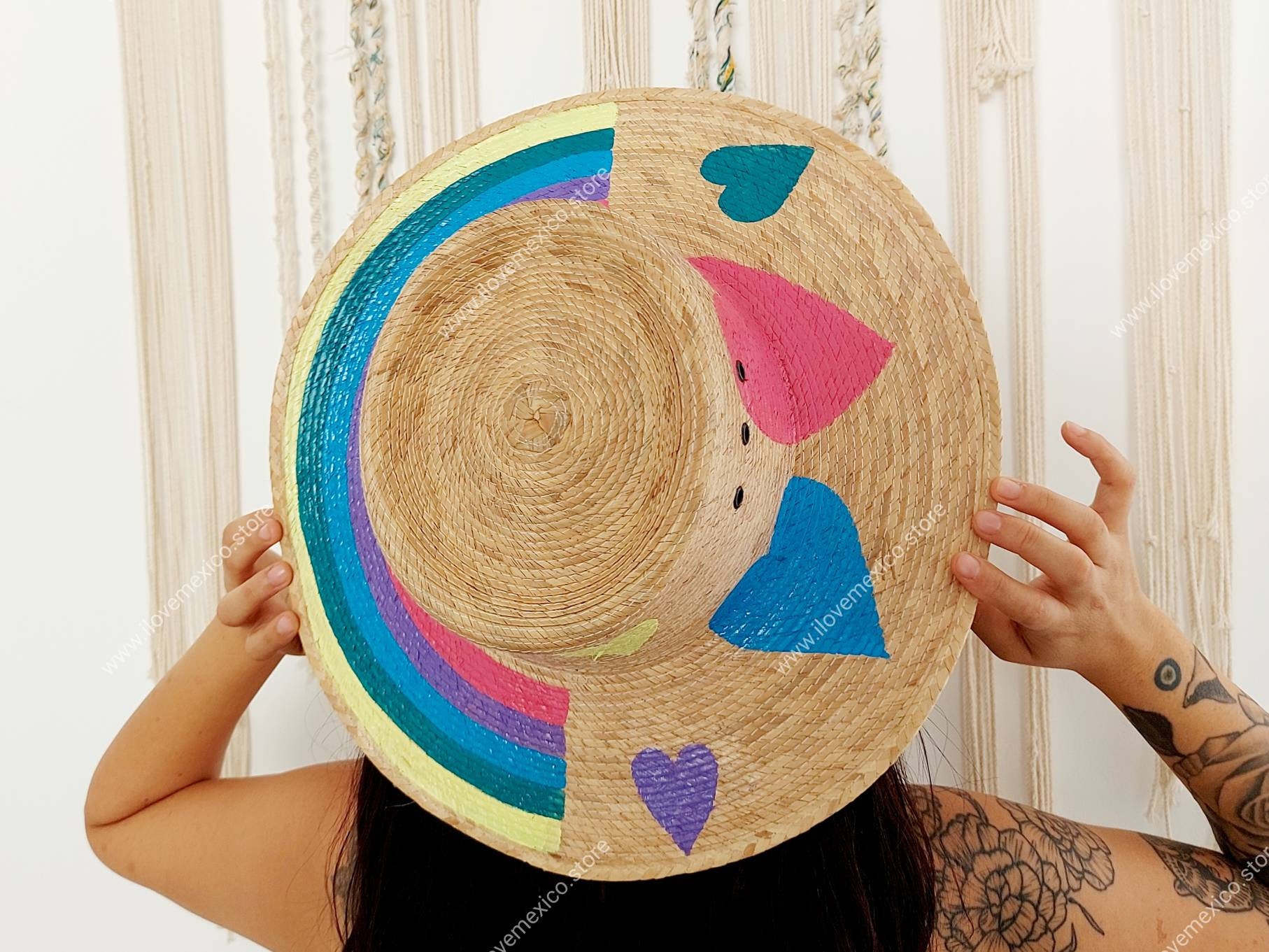 Hand-painted Rainbow Straw Hat With Hearts - Etsy