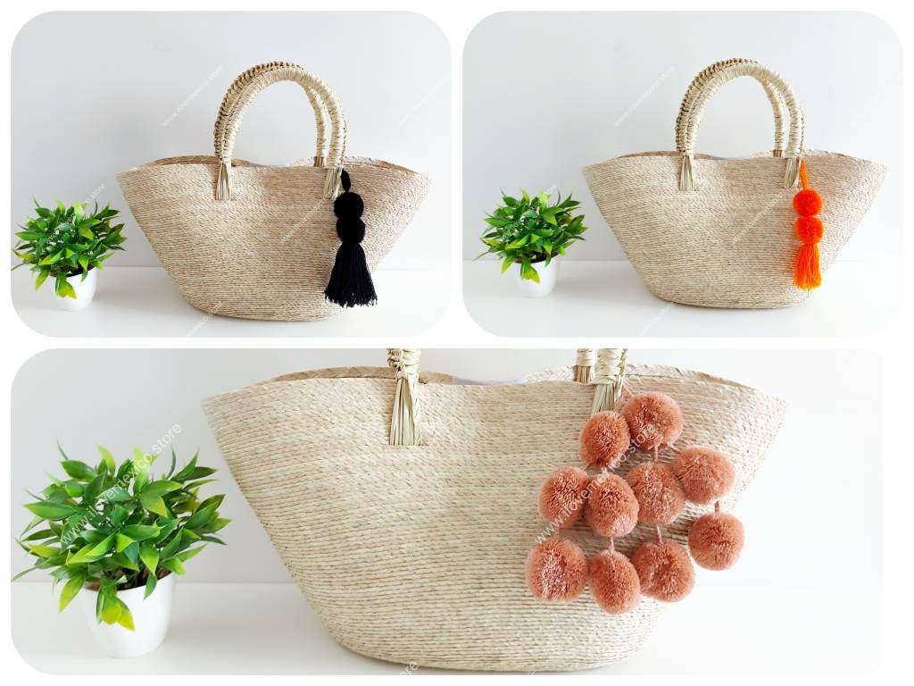 Borsa In Paglia A Tracolla Donna Con Pompon, Estate Spiaggia Casual, 27x20 Cm, Cinturino Regolabile E Rimovibile - 2