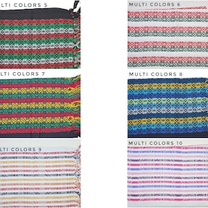 May include: Six rectangular woven textiles with fringed edges, labeled Multi Colors 5 through 10. Each features distinct horizontal striped patterns with geometric diamond motifs in various color combinations including black, red, green, white, yellow, blue, and purple.