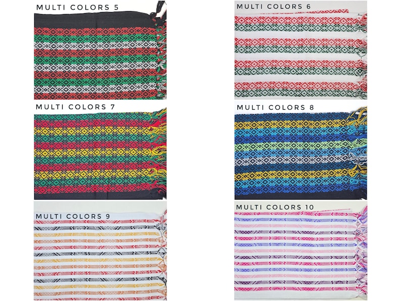 May include: Six rectangular woven textiles with fringed edges, labeled Multi Colors 5 through 10. Each features distinct horizontal striped patterns with geometric diamond motifs in various color combinations including black, red, green, white, yellow, blue, and purple.