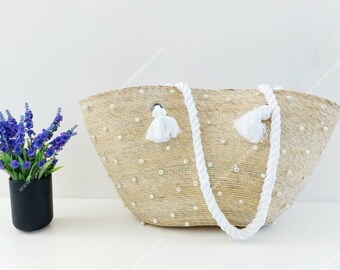 Large beach straw bag with braided strap / decorated straw bag / straw bag with pearls