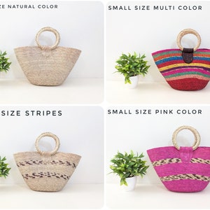 May include: Four small straw bags with round handles. Top left: natural color. Top right: multi-colored stripes. Bottom left: natural with dark brown stripes. Bottom right: pink and natural stripes. Text labels include SMALL SIZE NATURAL COLOR, SMALL SIZE MULTI COLOR, SMALL SIZE STRIPES, and SMALL SIZE PINK COLOR.