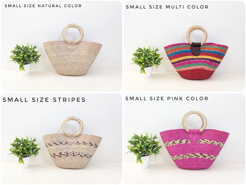 May include: Four small straw bags with round handles. Top left: natural color. Top right: multi-colored stripes. Bottom left: natural with dark brown stripes. Bottom right: pink and natural stripes. Text labels include SMALL SIZE NATURAL COLOR, SMALL SIZE MULTI COLOR, SMALL SIZE STRIPES, and SMALL SIZE PINK COLOR.