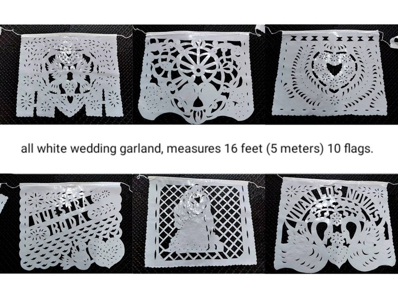 May include: White paper wedding garland with 10 flags, each with a different design. The garland measures 16 feet (5 meters) long.